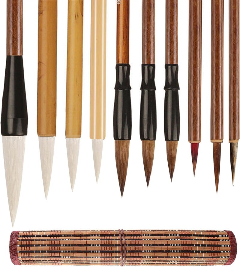 TIUSUTA 10-Piece Chinese Calligraphy Brush Set - Premium Writing Brushes for Beginners & Artists - with Roll-up Bamboo Brush Holder,Chinese Painting Brushes Set Flower Bird Line-Drawing Brushes - Image 1
